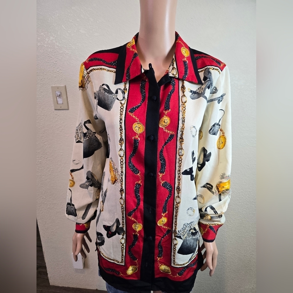 Jordan Vintage 90's Blouse Shoes, Purses, Rings- Red/ White Long Sleeve Medium